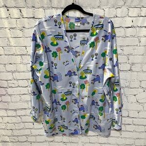 DISNEY Womens Eeyore Roller Speedway Long Sleeve Scrub Top Blue Size Large